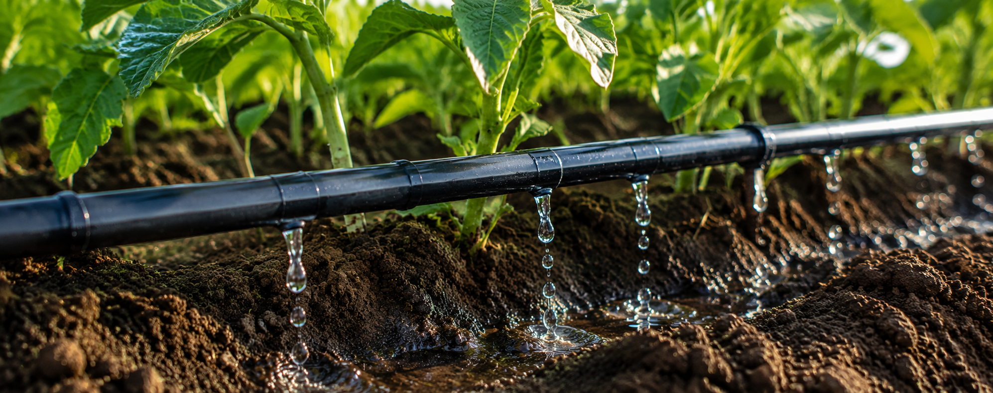 Irrigation goutte-à-goutte active sur rang de cultures en Côte d'Ivoire — système Hydrauci