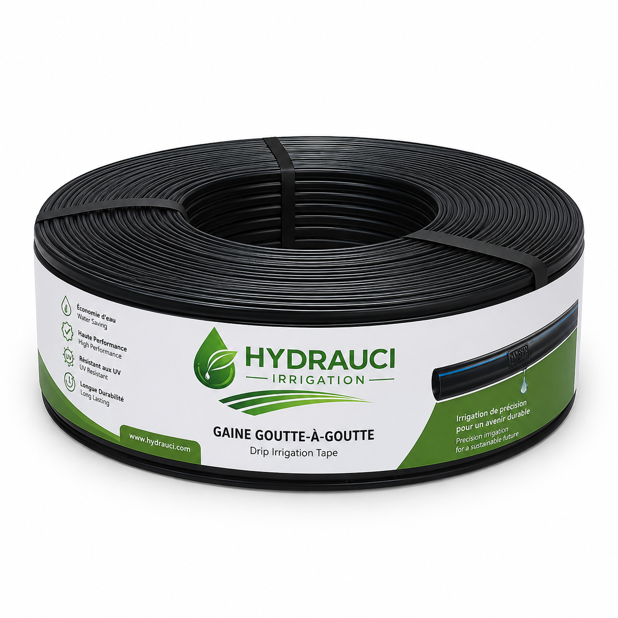 Détail gaine goutte-à-goutte Ø16mm — goutteurs intégrés et paroi LDPE