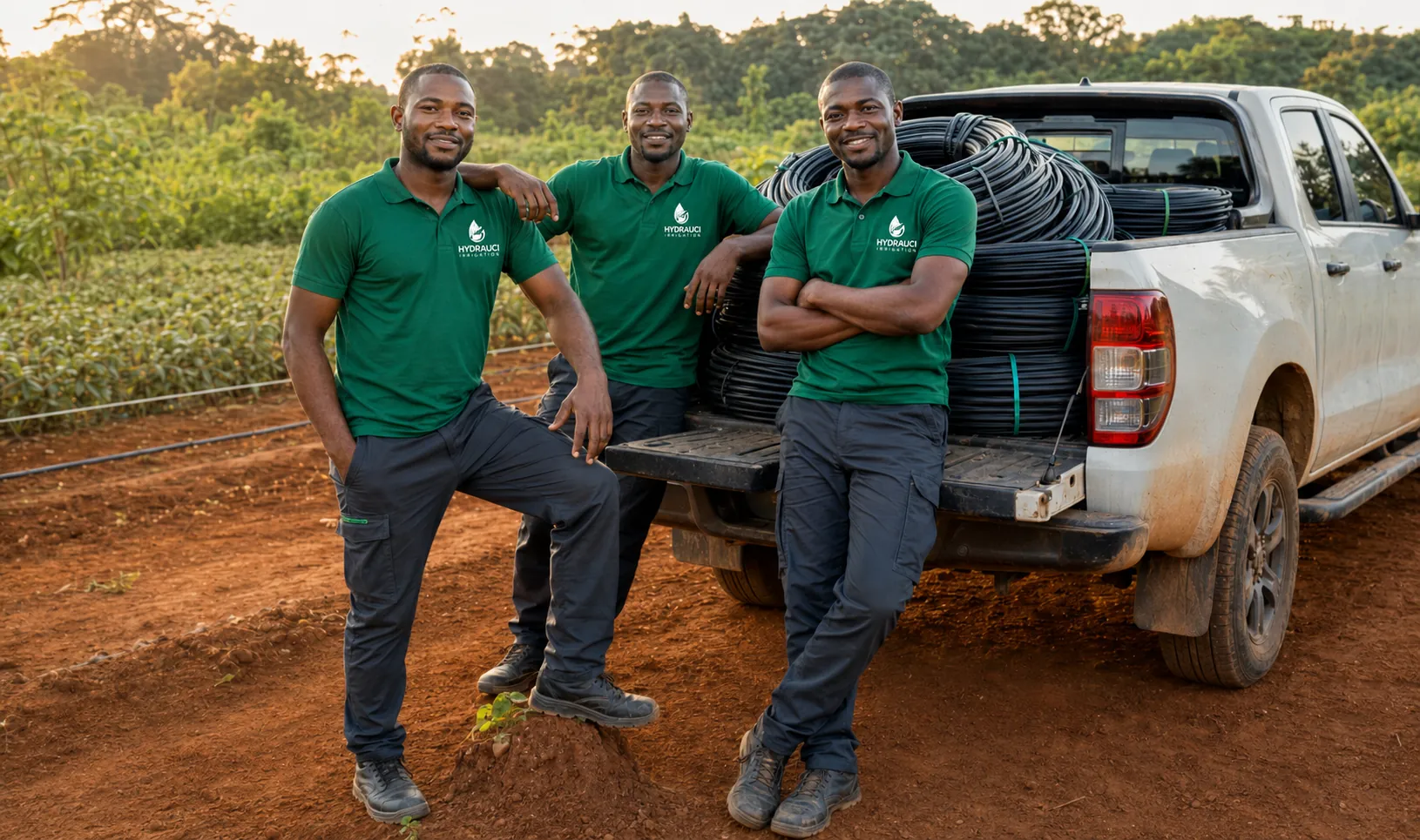 Équipe HYDRAUCI sur un chantier d'irrigation à Abidjan